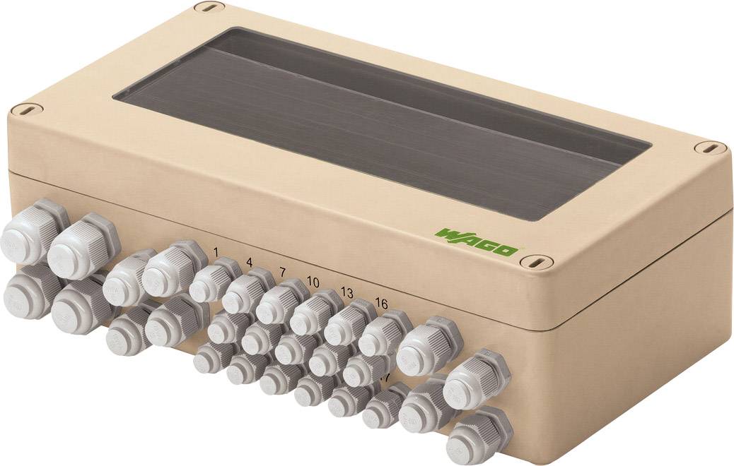 'Boîtier électrique avec 16 connexions et couvercle transparent, logo de marque visible. Adapté pour la connexion électrique de plusieurs systèmes.'