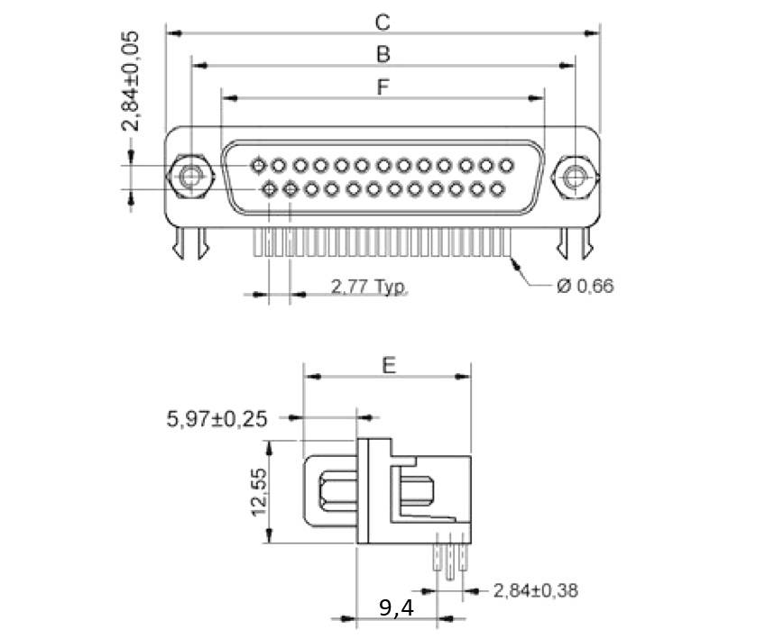 'Esquisse d'un connecteur avec dimensions en millimètres. Vue de dessus : largeur C, B, F à 2,84±0,05 ; vue de côté : hauteur 5,97±0,25, largeur E, distance 12,55 verticale, 9,4 horizontale.'