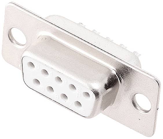 Un connecteur DB9 argenté à neuf broches, montable avec deux trous de vis sur une plaque métallique.