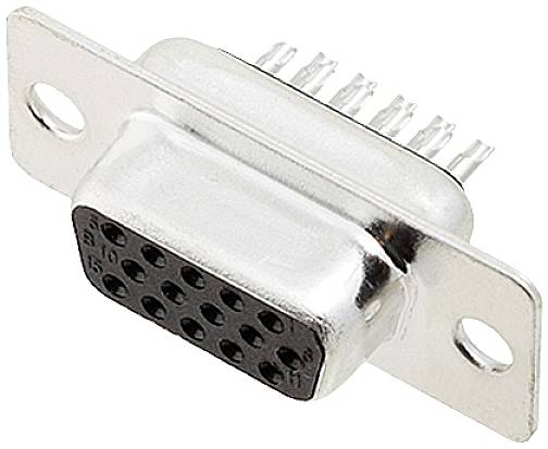 Un connecteur VGA argenté à 15 broches disposées en trois rangées, utilisé pour connecter des ordinateurs à des écrans.