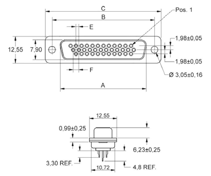 Dessin technique d'une fiche multipolaire et d'une prise avec des dimensions précises en millimètres pour le montage et la fabrication.