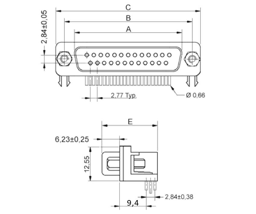 Dessin technique d'un connecteur avec dimensions et vues détaillées. Montre les trous, les broches, la taille des filetages et les informations de montage.