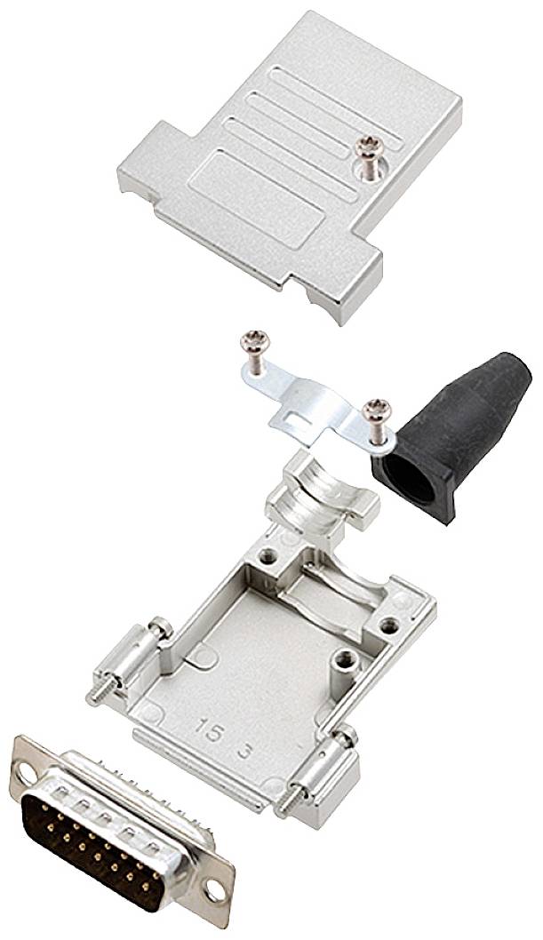 Vue éclatée d'un connecteur D-Sub avec ses composants de boîtier, vis, presse-étoupe et barrette de 15 broches.