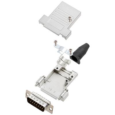 Vue éclatée d'un connecteur D-Sub avec ses composants de boîtier, vis, presse-étoupe et barrette de 15 broches.