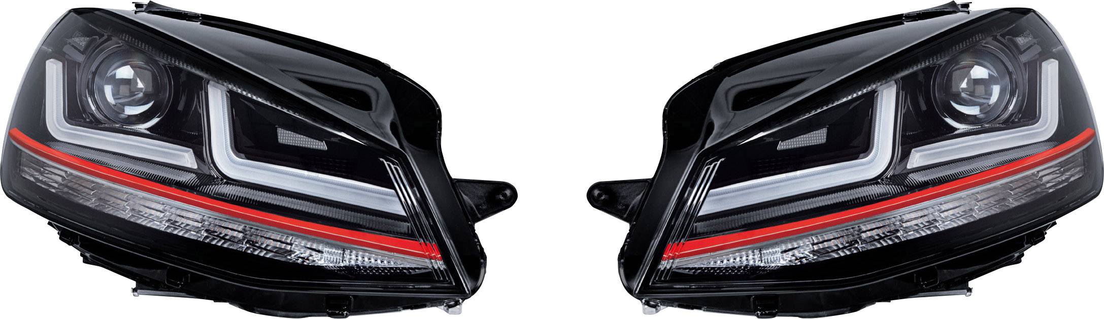 Deux feux de voiture au design LED moderne avec une bande rouge, disposés de manière symétrique.