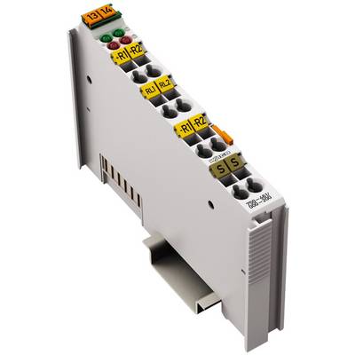 Module de relais électronique, monté verticalement, avec connexions et étiquettes colorées. Adapté aux applications industrielles.