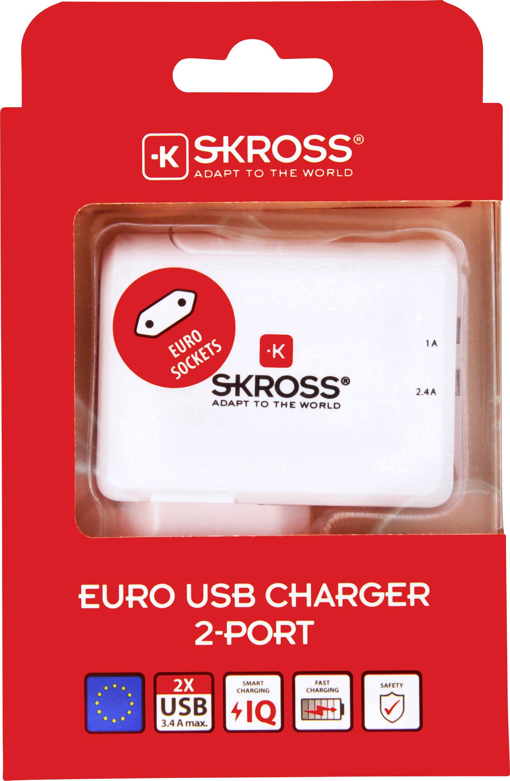 Chargeur USB Euro de SKROSS avec deux ports, 1A et 2,4A. L'emballage affiche le symbole de l'UE et des instructions d'utilisation en Europe.