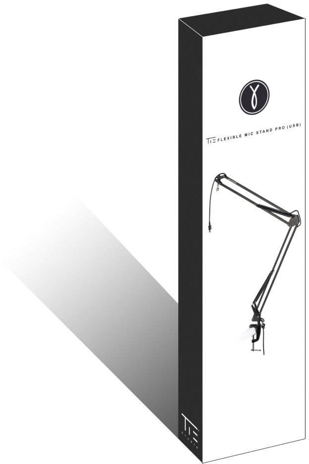 L'emballage présente un support de microphone flexible, modèle 'TIE Flexible Mic Stand Pro (USB)', illustré avec des détails sur sa capacité d'ajustement.