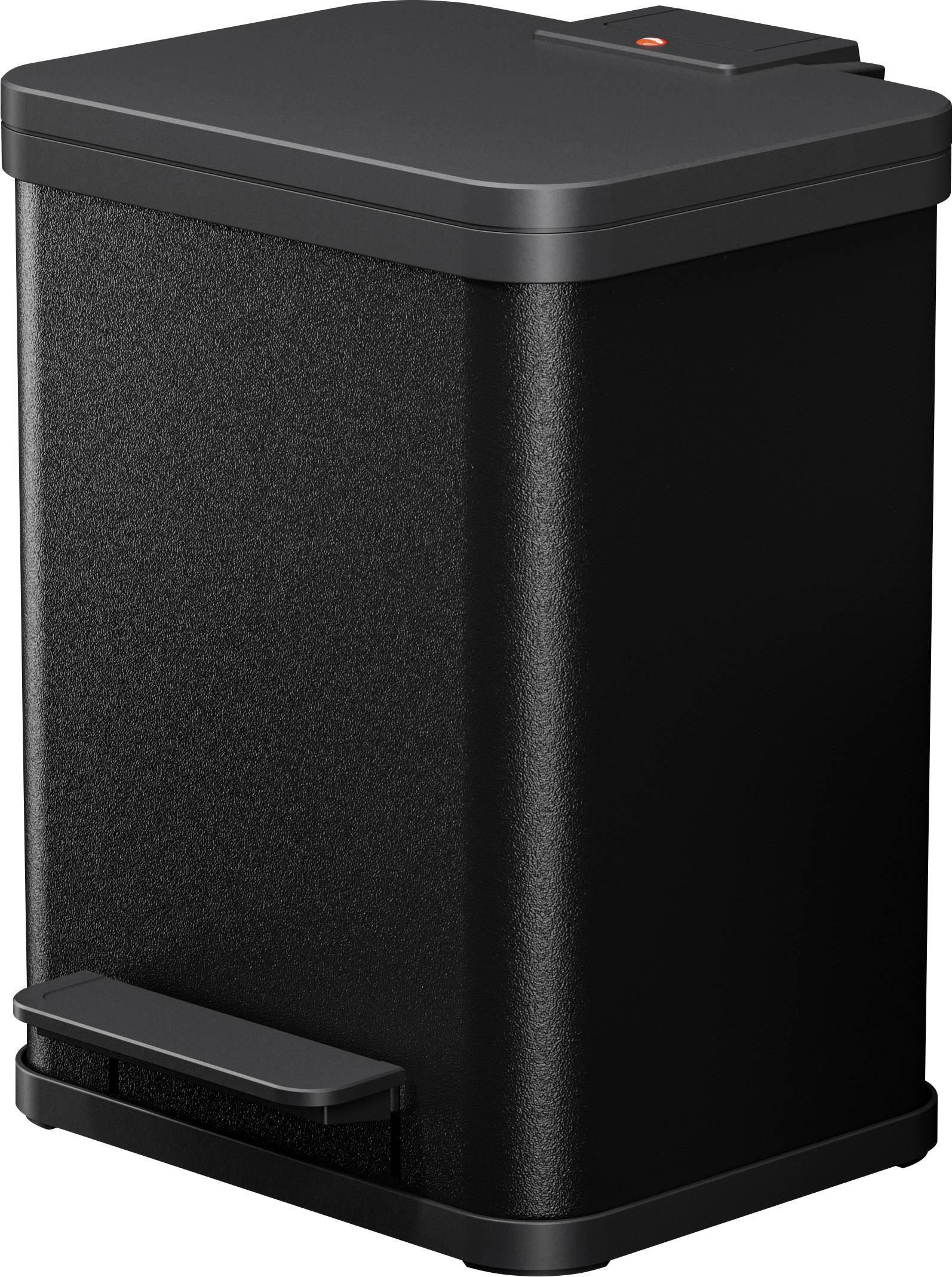 Poubelle noire avec pédale et couvercle, adaptée à l'élimination des déchets domestiques.