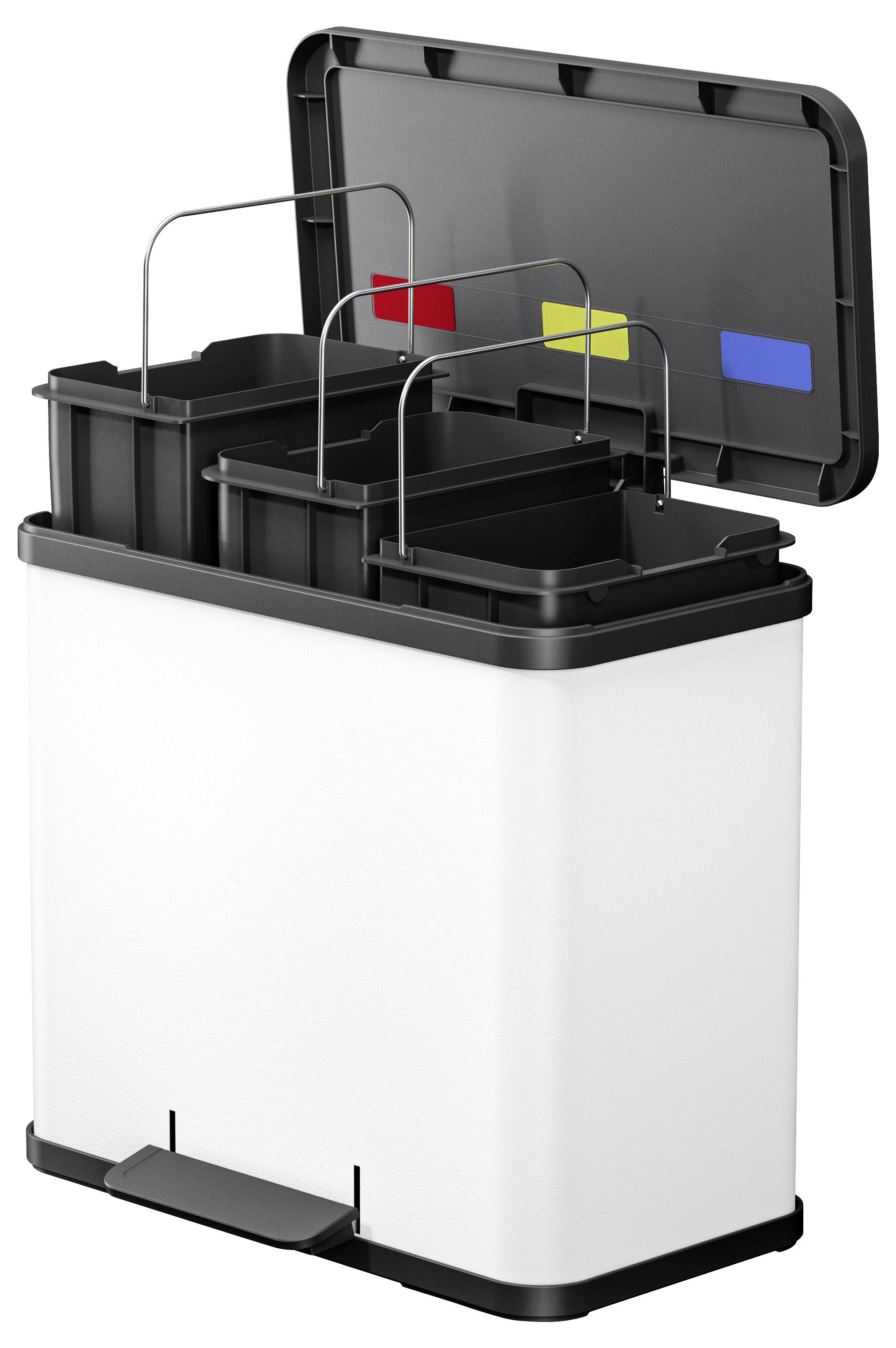 Poubelle blanche avec trois conteneurs noirs amovibles pour le tri sélectif, identifiés par des symboles rouges, jaunes et bleus.