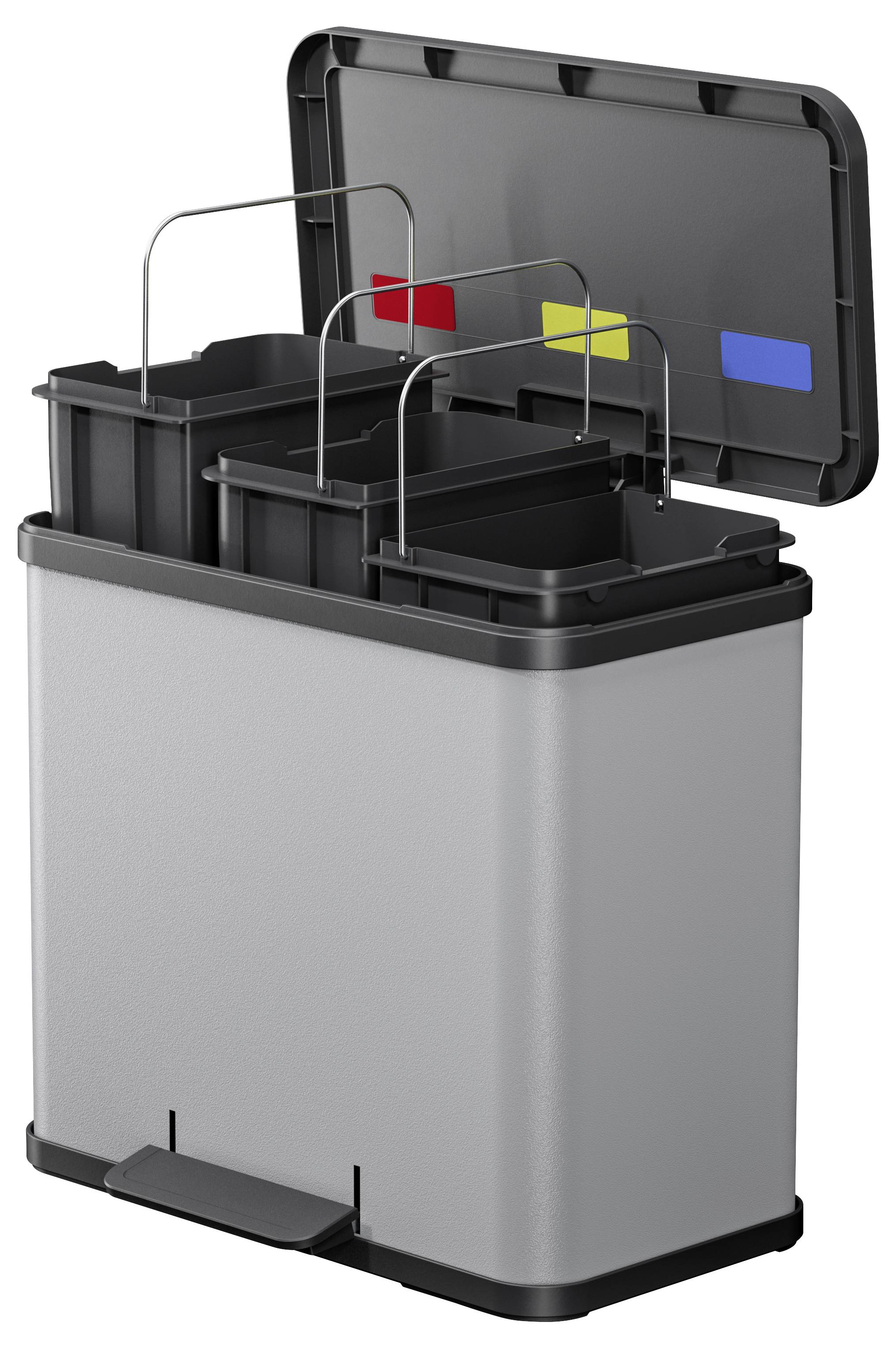 Poubelle à trois compartiments séparés, identifiés par des autocollants colorés en rouge, jaune et bleu, avec un système d'ouverture à pédale.