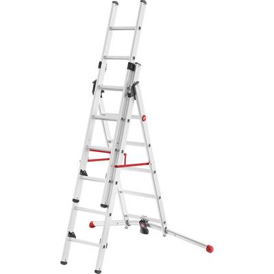 Une échelle multifonction en argent avec un arceau de sécurité rouge, adaptée aux travaux à différentes hauteurs.