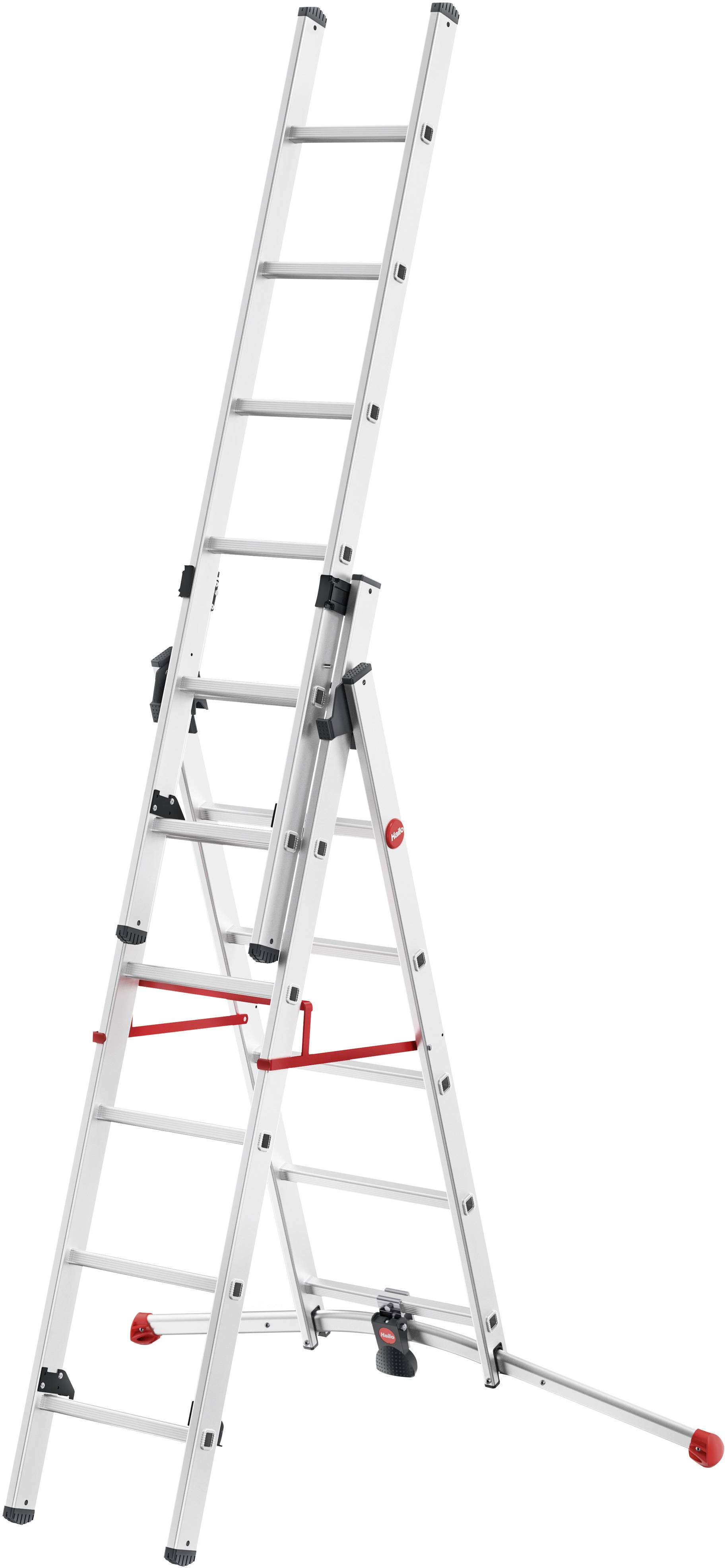 Une échelle télescopique en aluminium sur un fond blanc, avec des caractéristiques de sécurité rouges et des supports latéraux stables.
