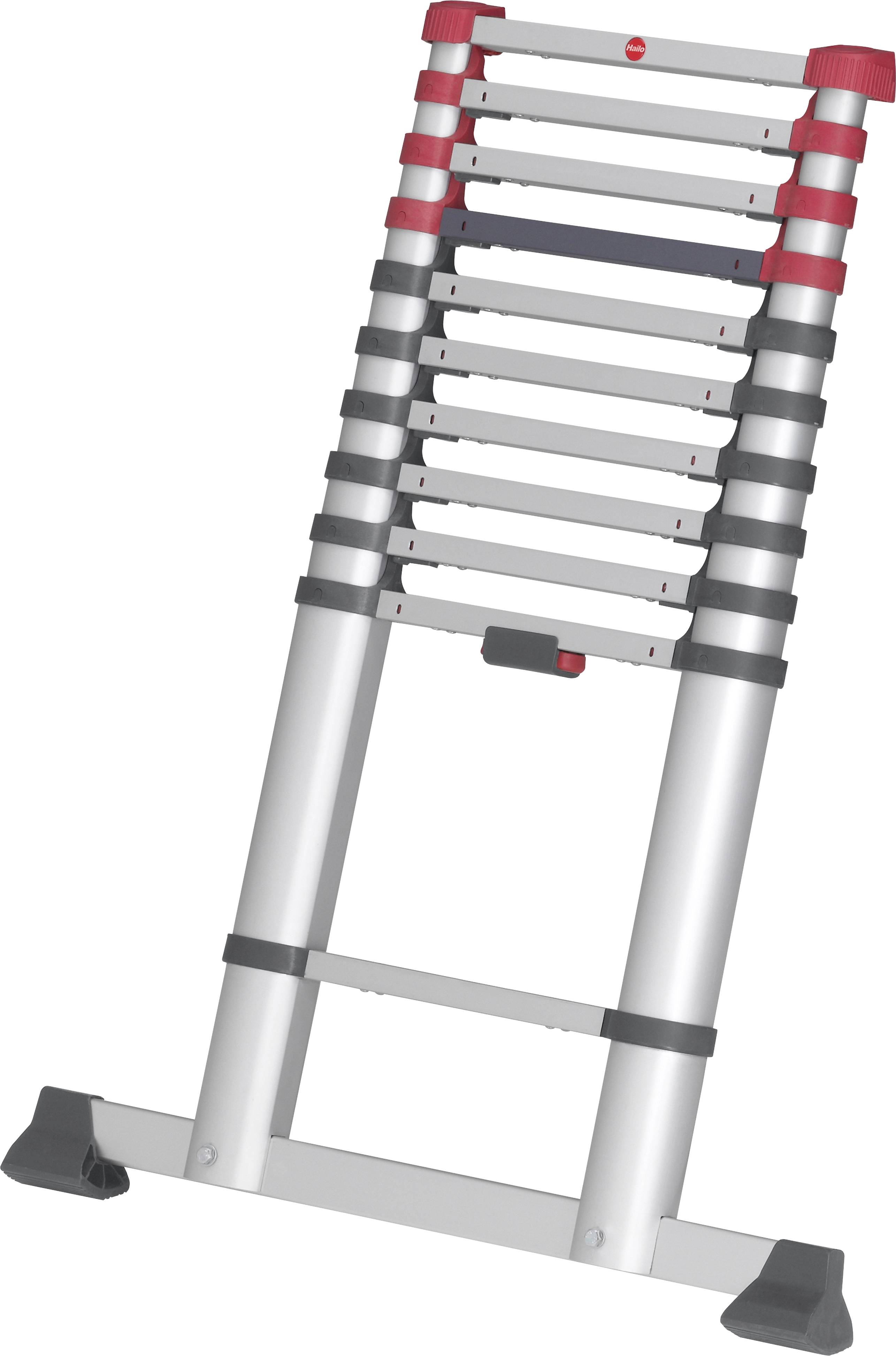 Échelle télescopique au design rouge et gris, complètement déployée, montrant ses marches et sa base stable pour un positionnement sûr.