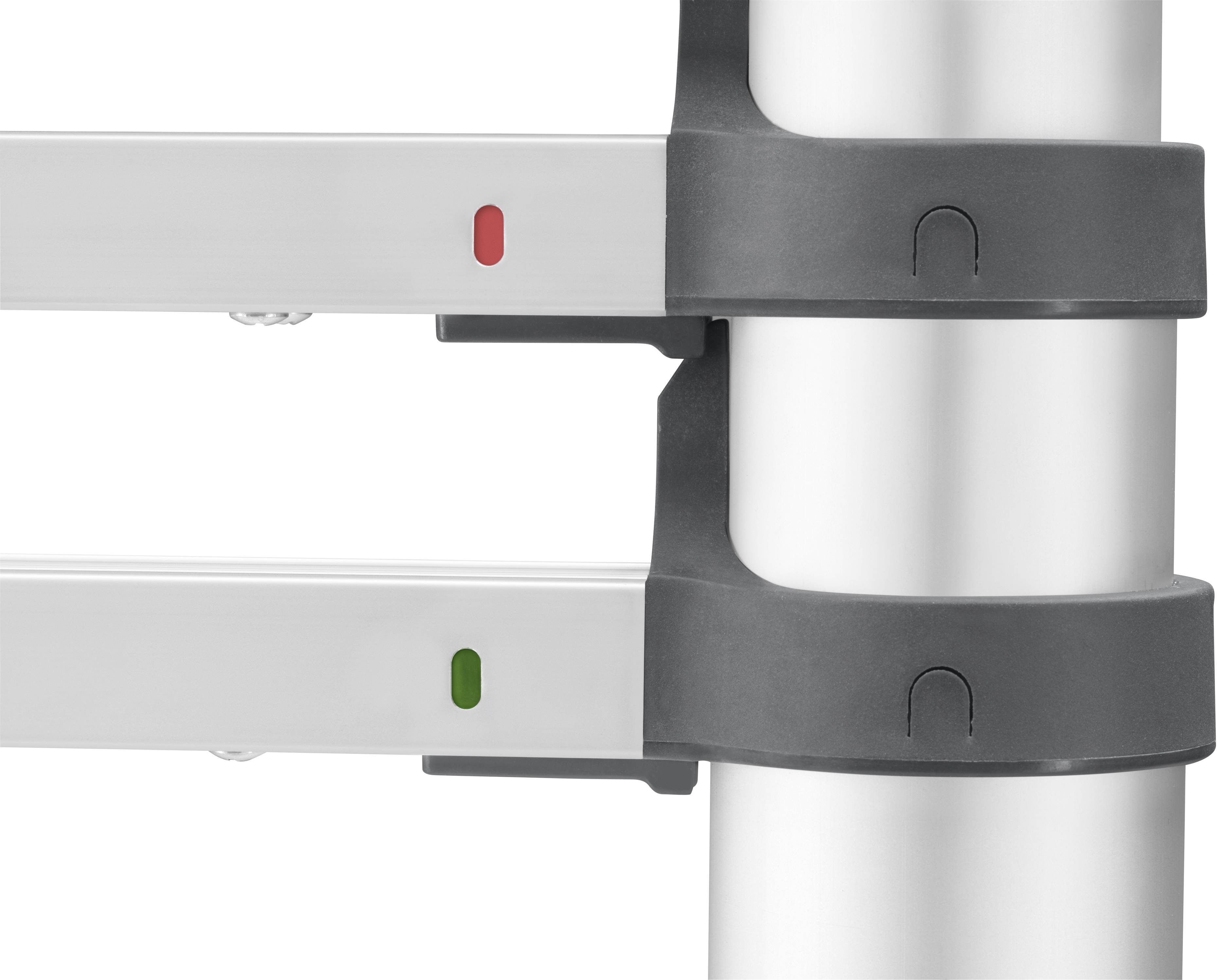 Description : Gros plan d'un tube télescopique en aluminium avec un collier de serrage noir. Un voyant rouge et un voyant vert indiquent son état de sécurisation.