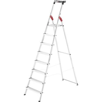 Échelle en aluminium à sept échelons, avec poignées rouges en haut pour plus de stabilité. Convient aux travaux intérieurs et extérieurs, légère et portable.