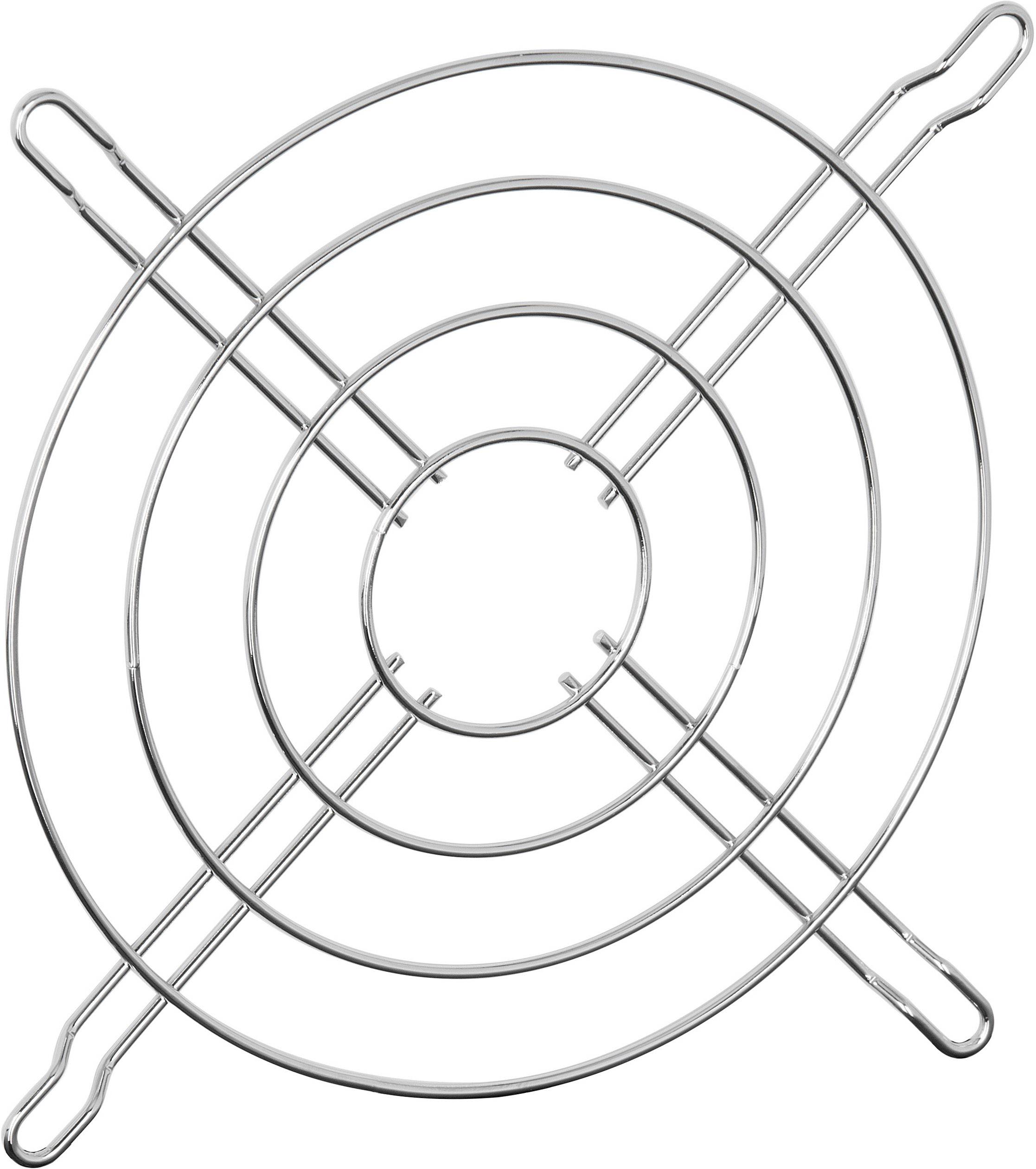 Grille ronde et métallique de protection pour ventilateur ou radiateur. Composée de cercles concentriques et de quatre traverses qui se croisent.