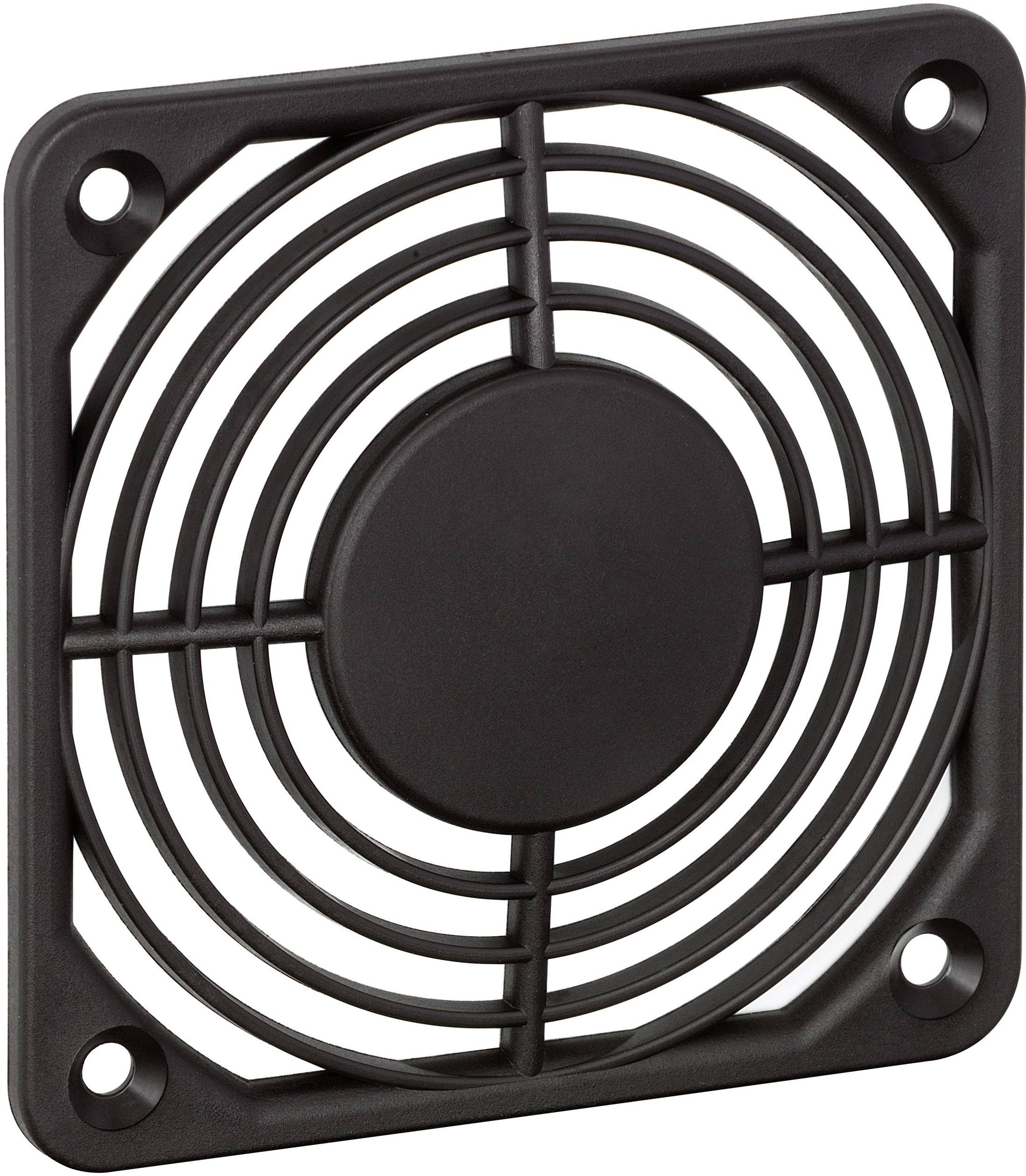 Une grille de ventilation carrée en plastique noir, utilisée pour couvrir et protéger un ventilateur ou un dispositif de circulation d'air.