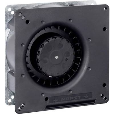 Un ventilateur carré noir, avec un rotor central et un boîtier périphérique, monté sur une plaque métallique.