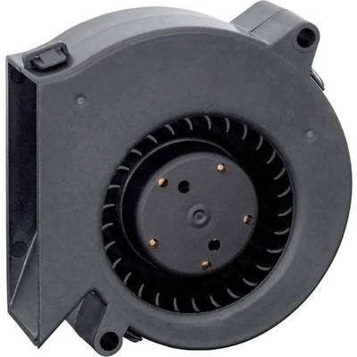 Un ventilateur radial noir en plastique avec des fentes de ventilation visibles, souvent utilisé pour le refroidissement dans les appareils électroniques.