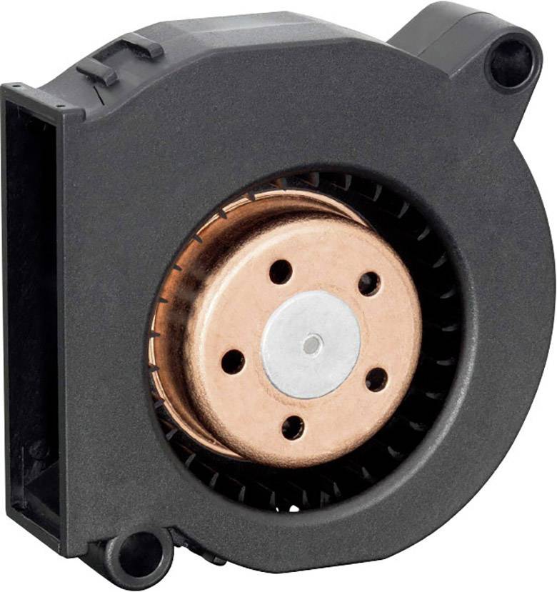 Ventilateur noir et cuivré dans un boîtier, probablement utilisé pour le refroidissement d'appareils électroniques.