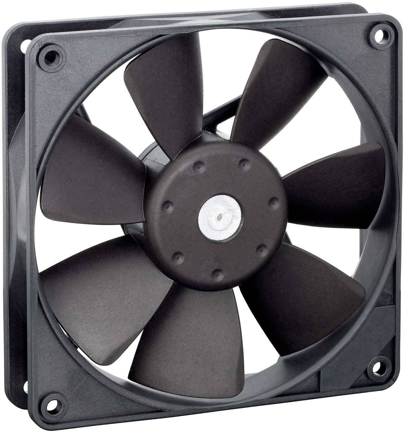 Un ventilateur d'ordinateur noir, carré, à sept pales, adapté aux applications de refroidissement dans les appareils électroniques.