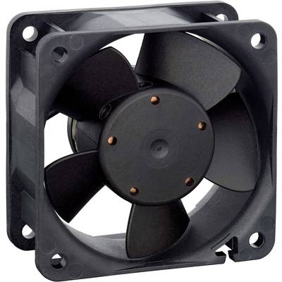 Un ventilateur noir à cinq pales, monté dans un boîtier carré. Utilisé pour le refroidissement d'appareils électroniques.