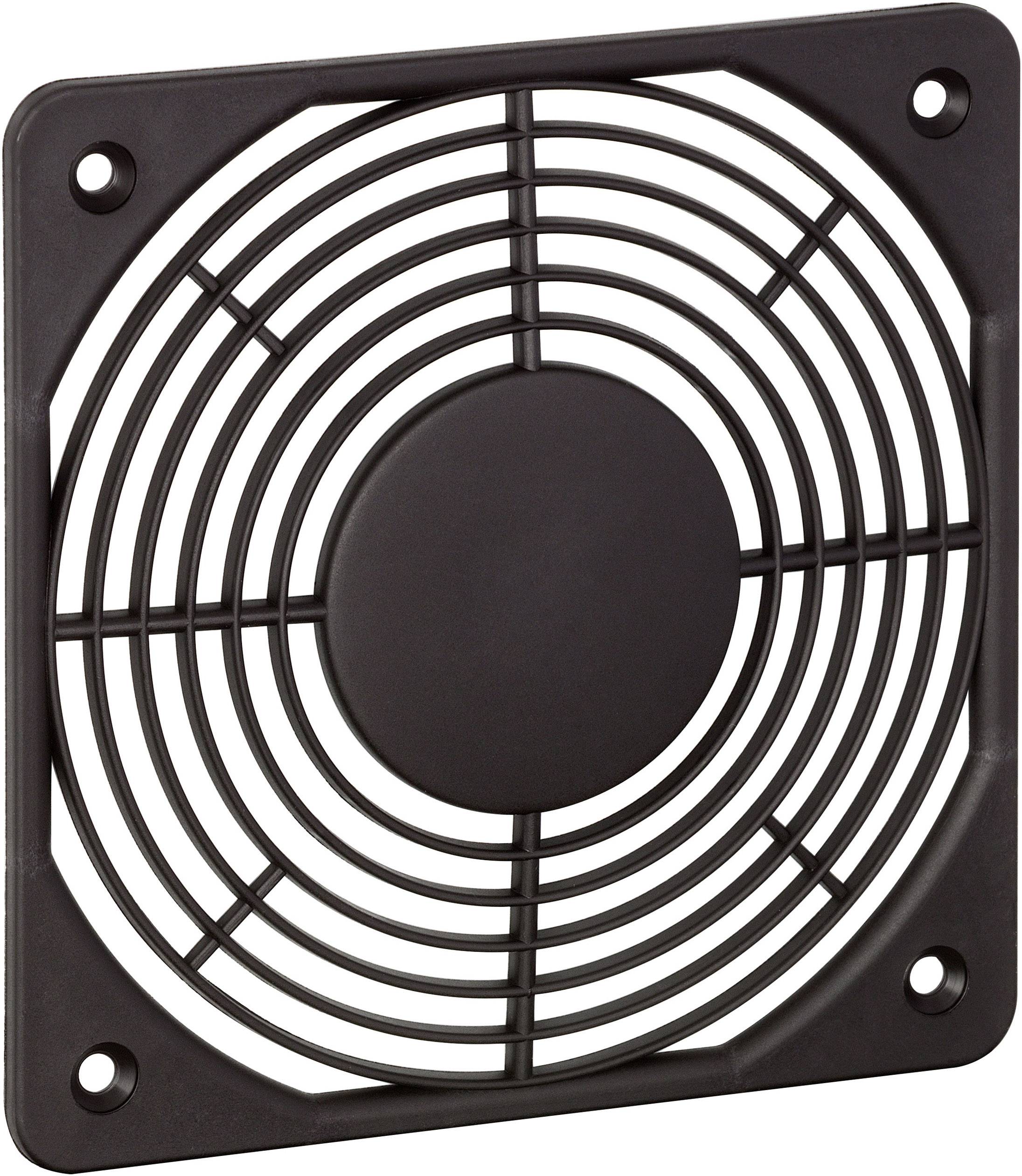 Une grille de ventilateur carrée en métal noir avec des mailles rondes, utilisée pour protéger les ventilateurs.