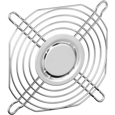 Grille de ventilation métallique avec des anneaux circulaires, une plaque brillante au centre. Forme carrée aux coins arrondis.