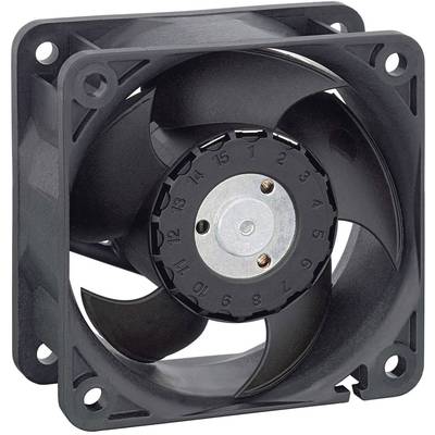 Ventilateur d'ordinateur noir à quatre pales, monté dans un boîtier rectangulaire, montrant la vue de face des pales du rotor.