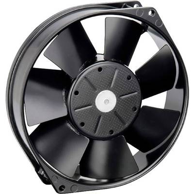 Un ventilateur noir, rond, à sept pales, monté sur un cadre métallique. Adapté pour le refroidissement ou la ventilation.