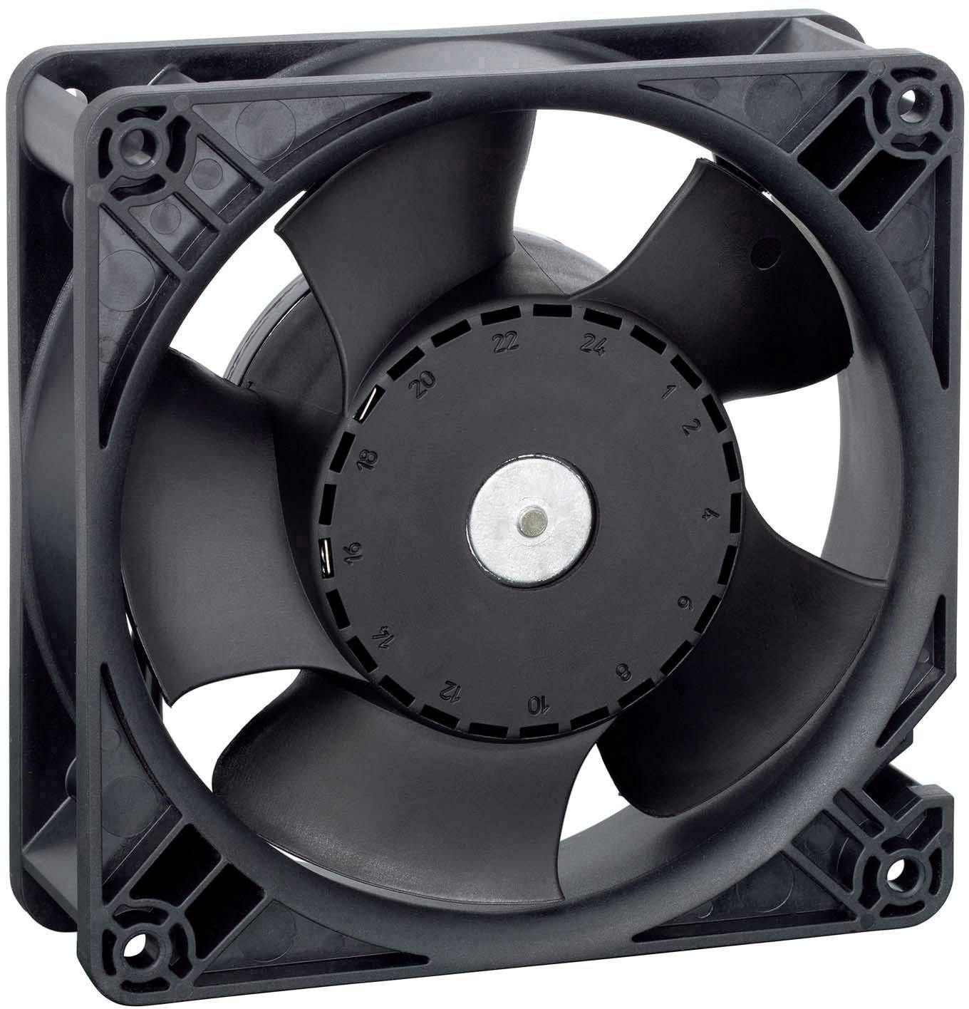 Un ventilateur d'ordinateur noir, carré, à cinq pales rotatives, utilisé pour le refroidissement des appareils électroniques.