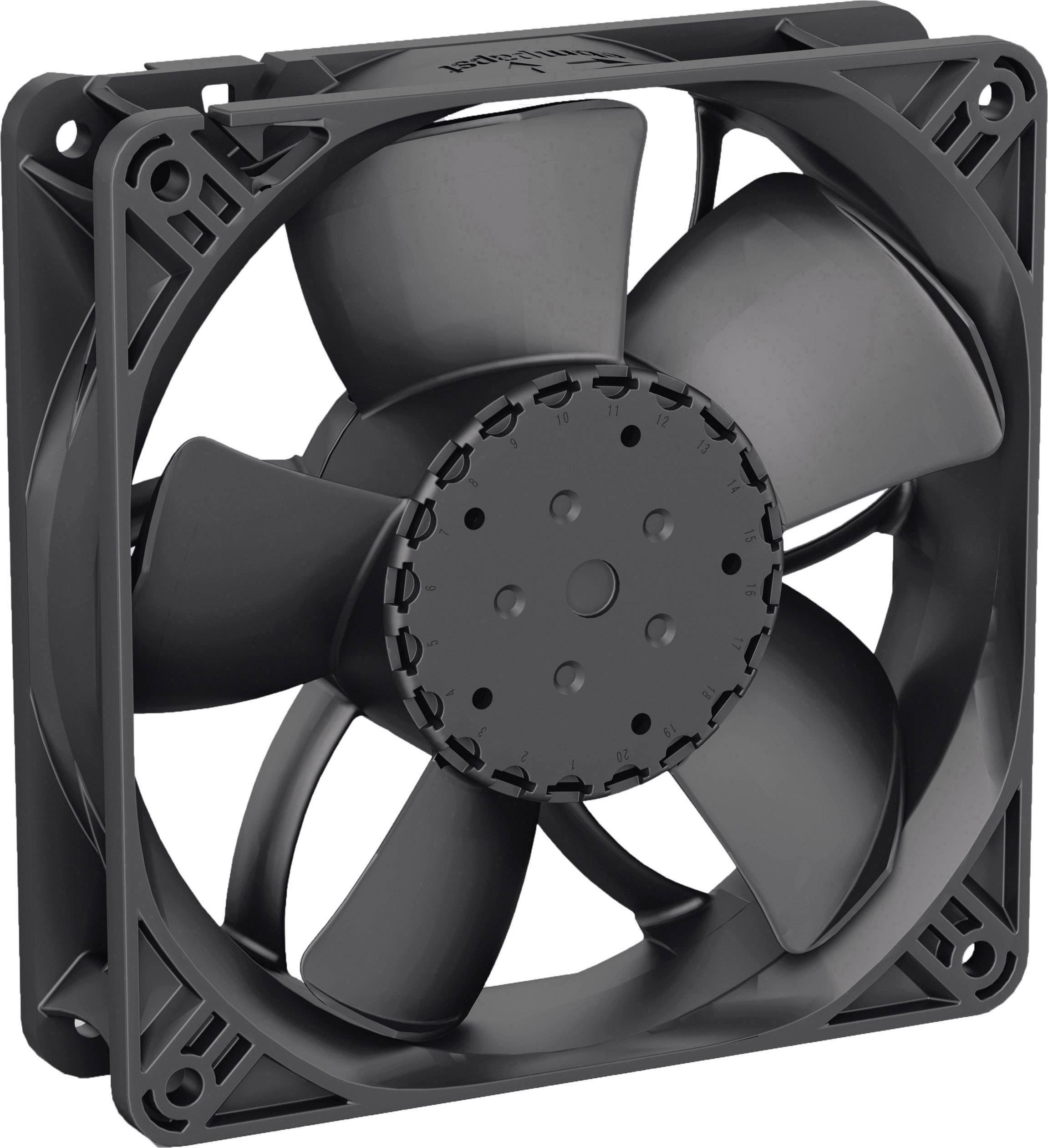 Ventilateur d'ordinateur noir à cinq pales, adapté au refroidissement des appareils électroniques.