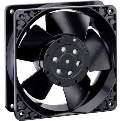 Ventilateur noir à cinq pales dans un cadre rectangulaire, typiquement utilisé pour refroidir des ordinateurs ou des appareils électroniques.