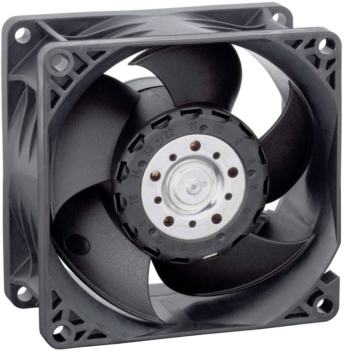 Un ventilateur d'ordinateur noir à cinq pales, monté dans un cadre carré.
