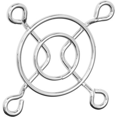 Une sculpture en fil d'argent représentant deux cercles s'entrecroisant, avec quatre crochets disposés aux extrémités des branches de la croix, sur un fond blanc.