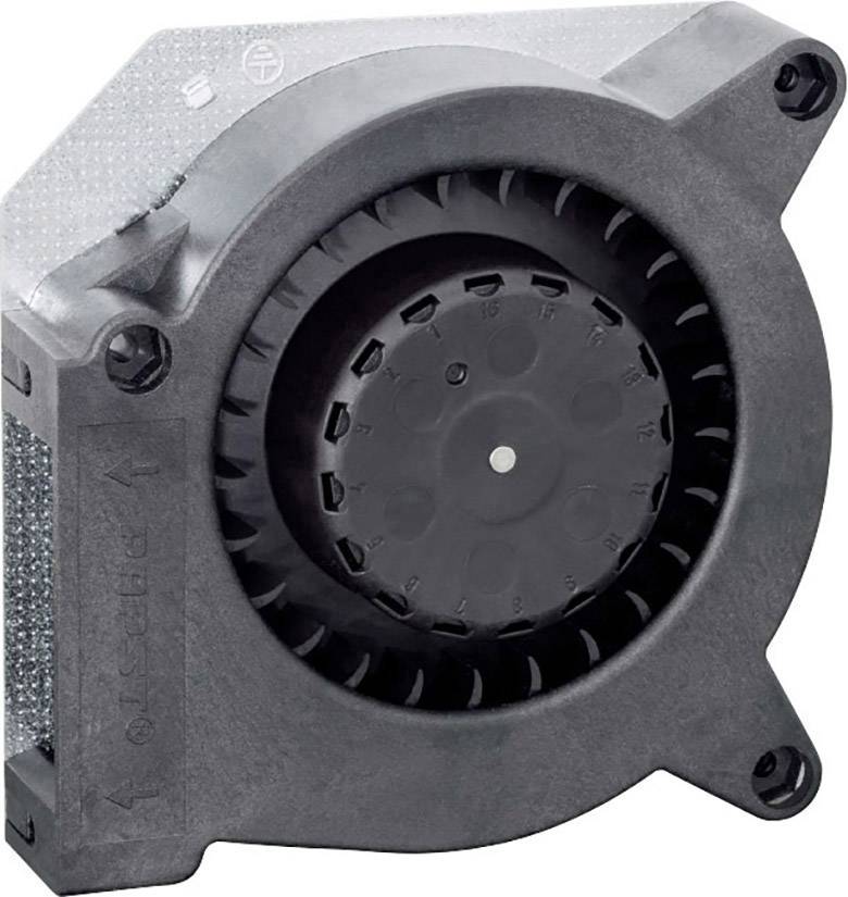 Un ventilateur noir avec un rotor circulaire au centre. Il possède quatre vis dans les coins pour la fixation.