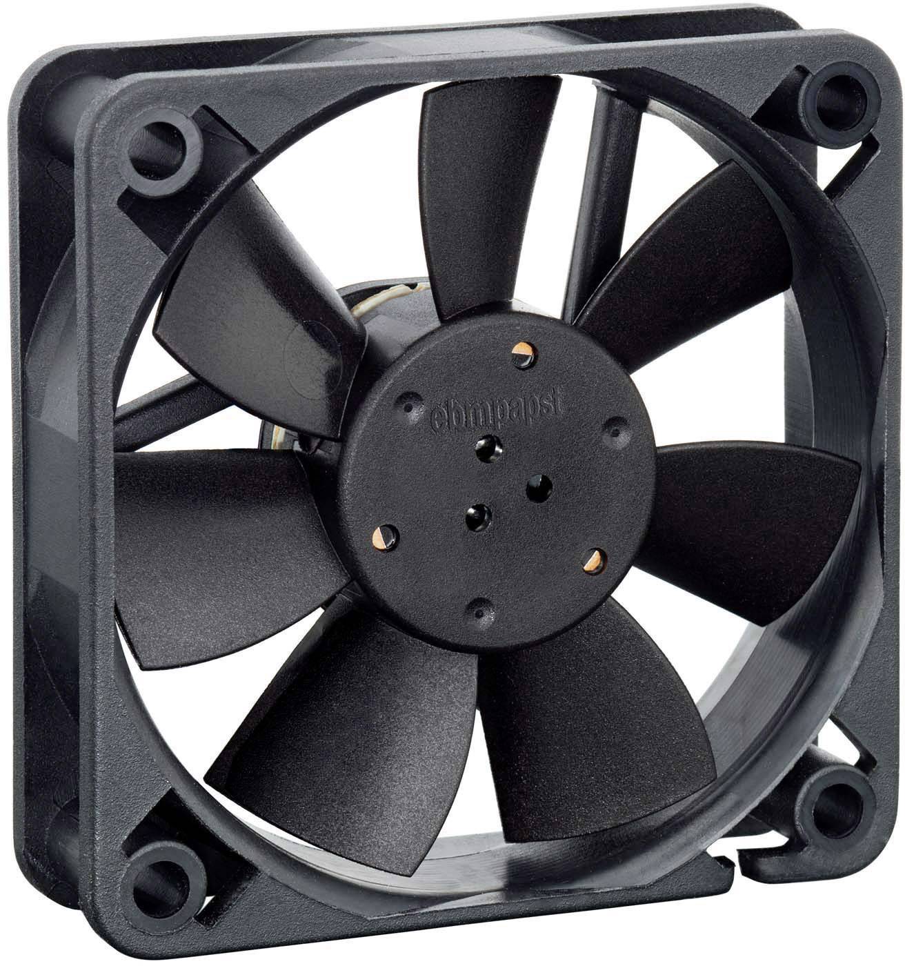 Ventilateur d'ordinateur noir avec sept pales de rotor dans un support carré, utilisé pour le refroidissement et la ventilation des appareils électroniques.