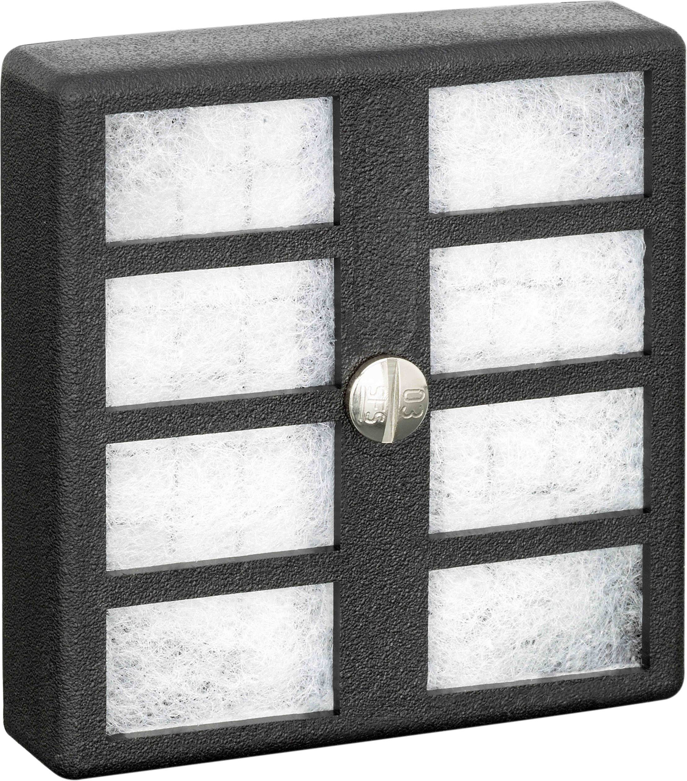 Cadre rectangulaire noir avec huit segments filtrants blancs et une pince métallique centrale.