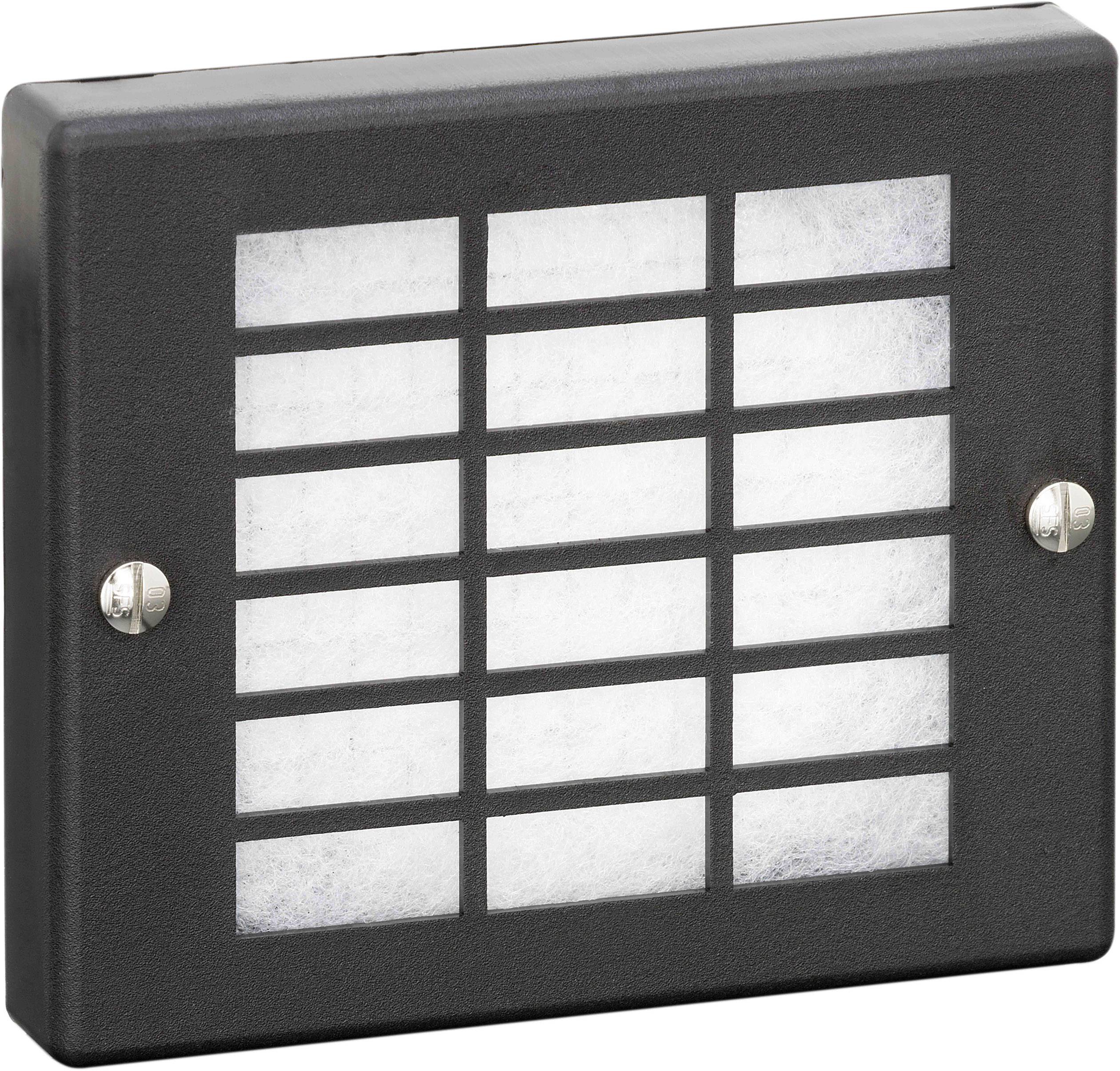 Applique extérieure rectangulaire noire avec design en grille, fixée sur un mur. Convient pour l'éclairage des chemins ou des jardins.