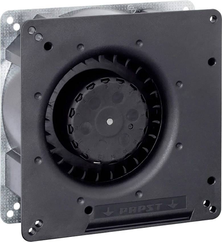 Un ventilateur radial noir avec un boîtier métallique carré. Au centre se trouve une roue de ventilateur.