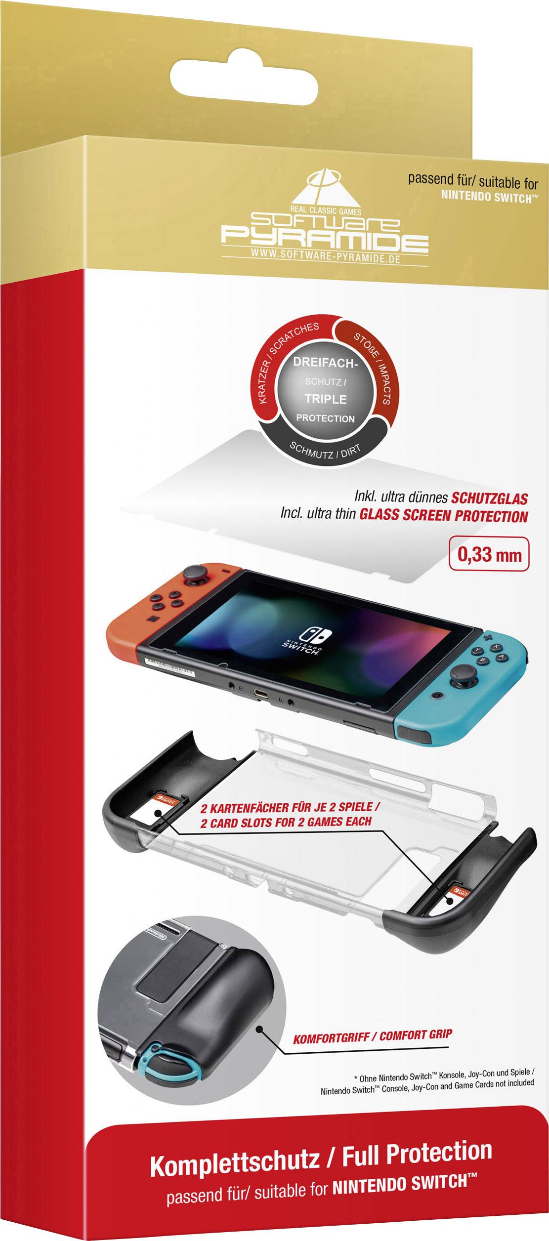 Emballage d'un film de protection en verre pour Nintendo Switch. Montre la console avec le protecteur de verre installé. Texte : 'Protection complète, compatible avec Nintendo Switch'.