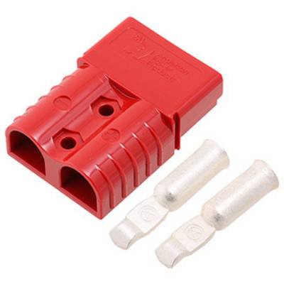 Connecteur électrique rouge avec deux contacts en argent à côté, couramment utilisé pour des applications industrielles de transmission électrique sécurisée.