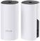 Deux appareils cylindriques blancs avec logo TP-Link, munis de ports Ethernet à l'arrière, pour une connexion sans fil à un réseau domestique.
