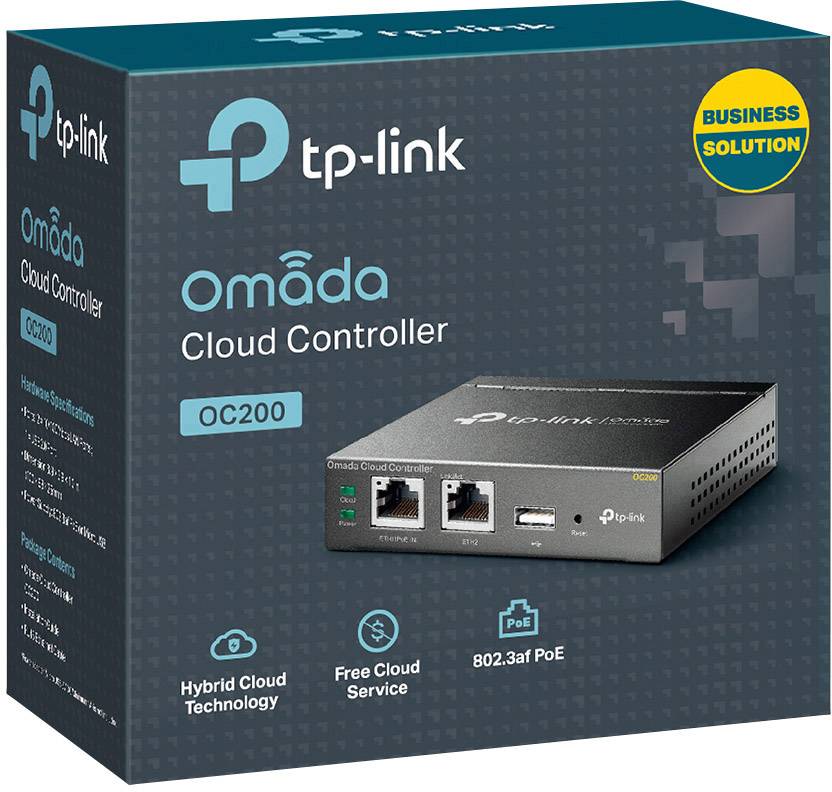 Le contrôleur cloud TP-Link Omada OC200 dans un emballage de solutions professionnelles. Avec en vedette le cloud hybride, le service cloud gratuit et la prise en charge PoE.