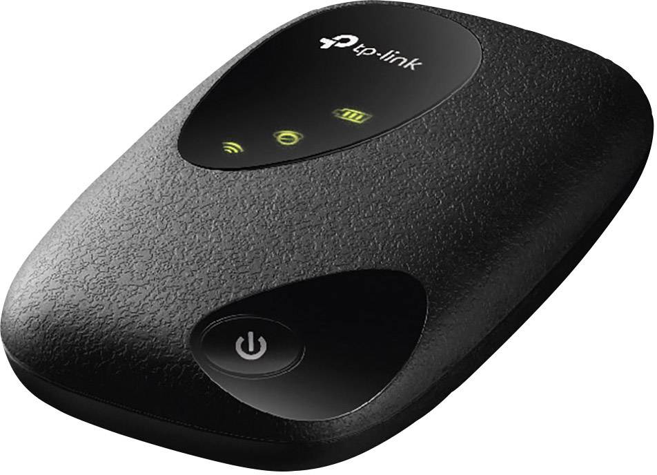 Routeur Wi-Fi portable noir de TP-Link avec voyants LED indiquant la force du signal, le Wi-Fi et la batterie, adapté à l'internet mobile.