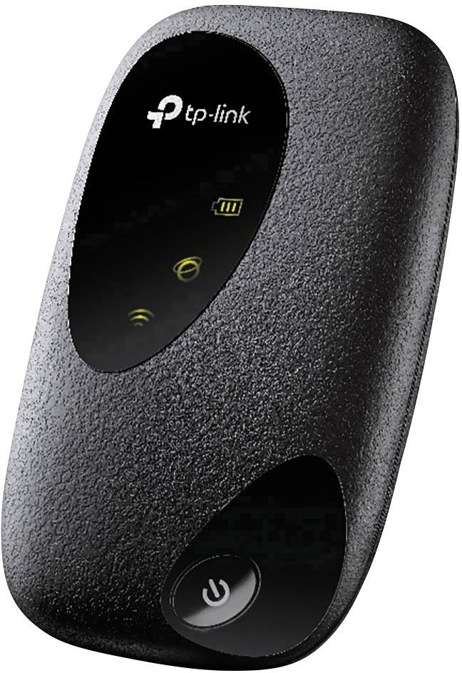 Routeur Wi-Fi portable TP-Link noir avec des voyants LED sur la façade indiquant l'état du réseau mobile et de la connexion Wi-Fi.