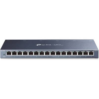 Un commutateur Ethernet gris à 16 ports de TP-Link avec des voyants de connexion réseau au-dessus de chaque port, modèle TL-SG1016.