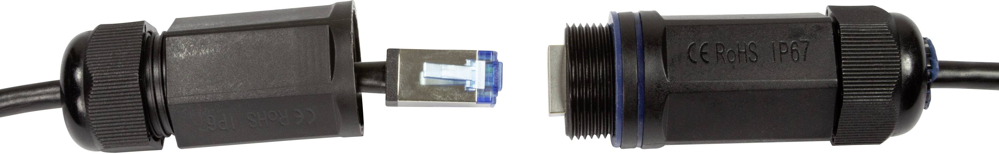 Deux connecteurs de câble réseau étanches, dont un est ouvert, montrant la fiche RJ45 intérieure. Connectent les câbles réseau de manière sécurisée dans des environnements extérieurs.