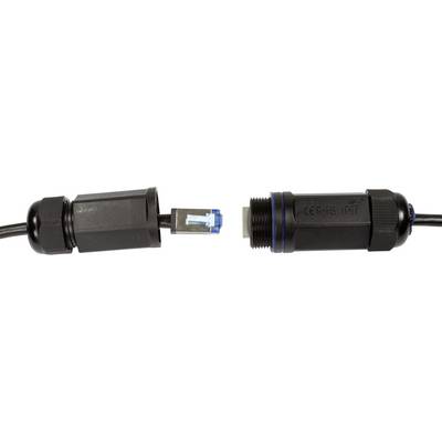 Deux fiches Ethernet résistantes aux intempéries, l'une avec un connecteur RJ45 bleu, sont placées face à face sans être connectées. Adaptées aux installations extérieures.